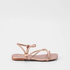 Sandália Rasteira Penélope Tiras Tressê & Strass Metalizado Rose Gold
