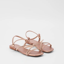 Sandália Rasteira Penélope Tiras Tressê & Strass Metalizado Rose Gold