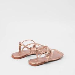 Sandália Rasteira Penélope Tiras Tressê & Strass Metalizado Rose Gold