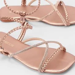 Sandália Rasteira Penélope Tiras Tressê & Strass Metalizado Rose Gold