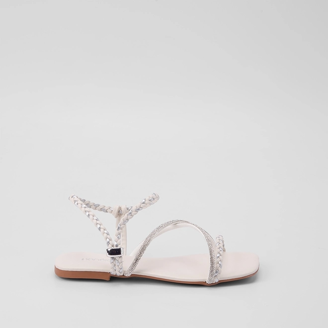 Sandália Rasteira Feminina Penélope Tira Tressê & Strass Metalizado Off White