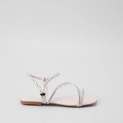 Sandália Rasteira Feminina Penélope Tira Tressê & Strass Metalizado Off White