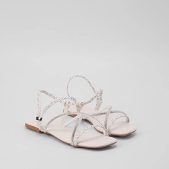 Sandália Rasteira Feminina Penélope Tira Tressê & Strass Metalizado Off White