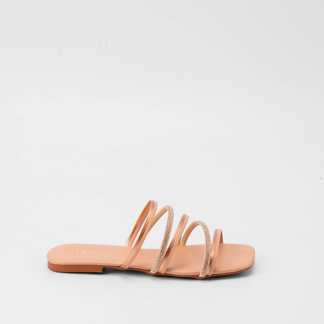 Rasteira Penélope Tiras Metalizadas & Strass Rose Gold