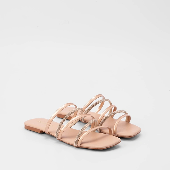 Rasteira Penélope Tiras Metalizadas & Strass Rose Gold