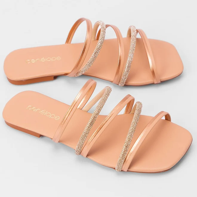 Rasteira Penélope Tiras Metalizadas & Strass Rose Gold