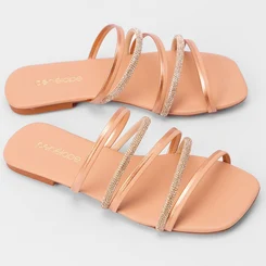 Rasteira Penélope Tiras Metalizadas & Strass Rose Gold