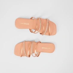 Rasteira Penélope Tiras Metalizadas & Strass Rose Gold
