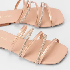 Rasteira Penélope Tiras Metalizadas & Strass Rose Gold