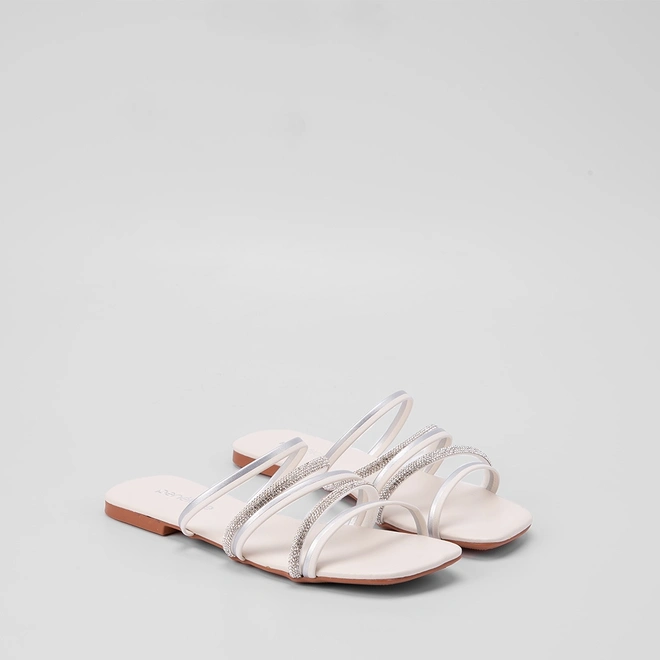 Rasteira Penélope Tiras Metalizadas & Strass Off White