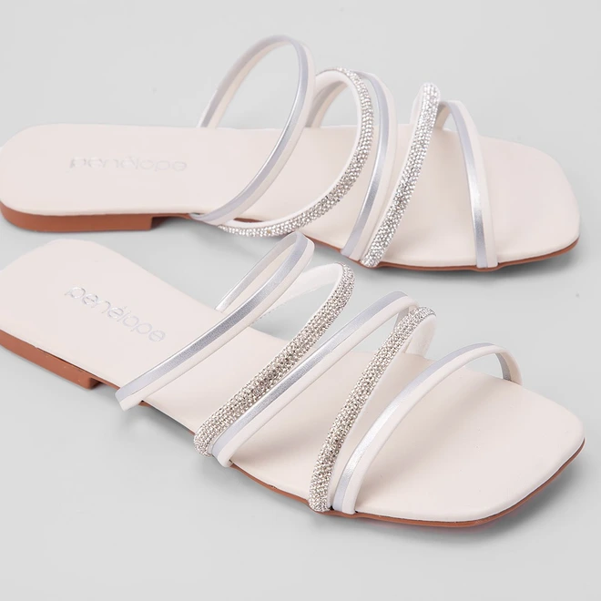 Rasteira Penélope Tiras Metalizadas & Strass Off White