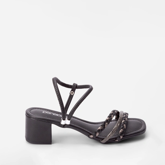 Sandália Penélope Tiras Tressê & Strass Regulável Preto