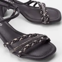 Sandália Penélope Tiras Tressê & Strass Regulável Preto