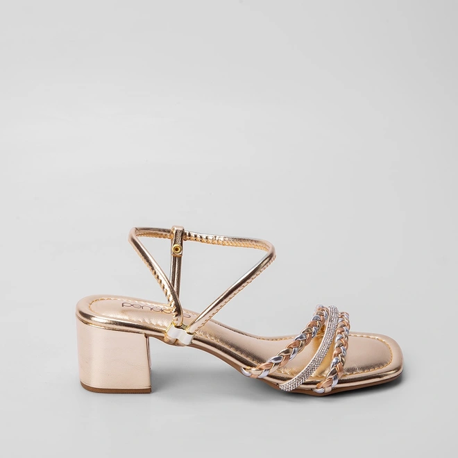 Sandália Penélope Tiras Tressê & Strass Regulável Dourado
