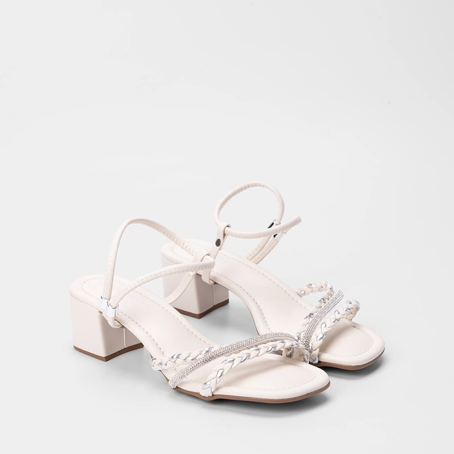 Sandália Penélope Tiras Strass & Tressê Metalizada Off White