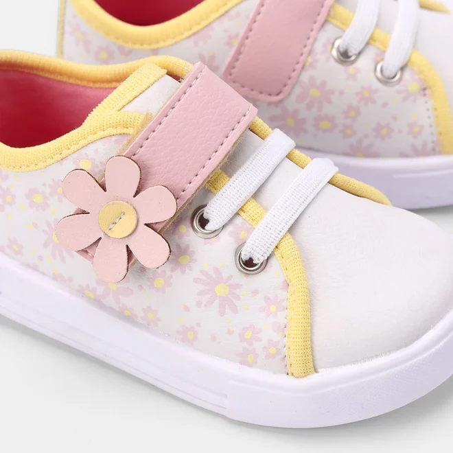 Tênis Infantil Gabrielinha Tira Contato Floral Branco & Rosa