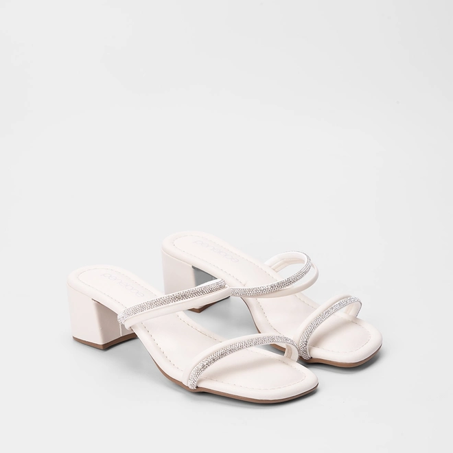 Tamanco Feminino Penélope Salto Bloco Tira Strass Off White
