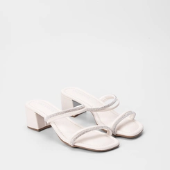 Tamanco Feminino Penélope Salto Bloco Tira Strass Off White