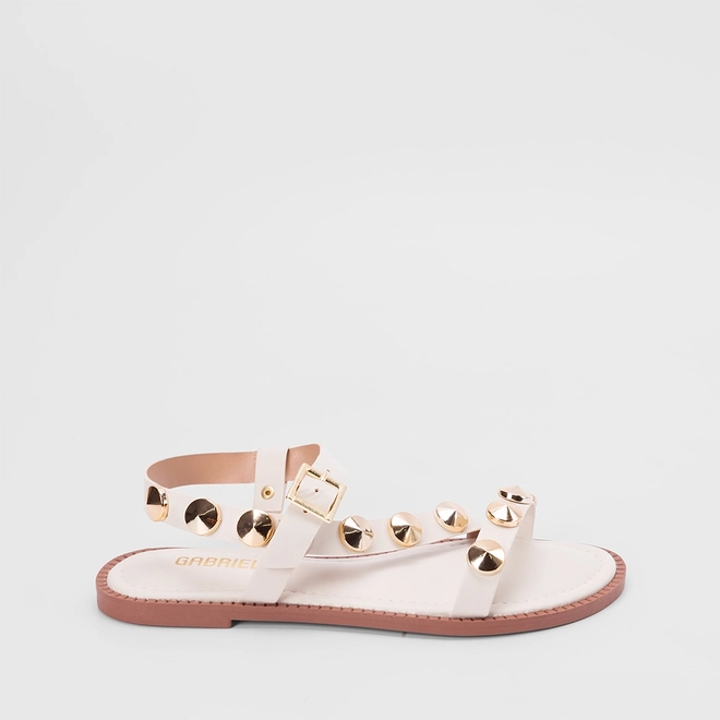 Sandália Rasteira Gabriela Tira Lateral Rebite Off White