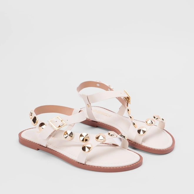 Sandália Rasteira Gabriela Tira Lateral Rebite Off White