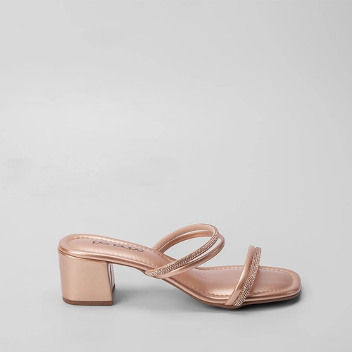 Tamanco Penélope Metalizado Salto Grosso Tira Strass Cobre