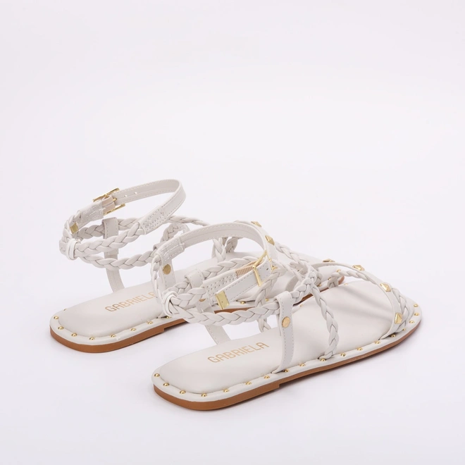 Sandália Rasteira Gabriela Tiras Tressê & Rebite Off White