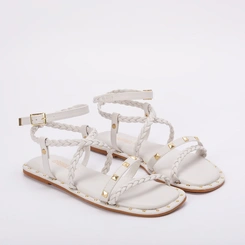 Sandália Rasteira Gabriela Tiras Tressê & Rebite Off White