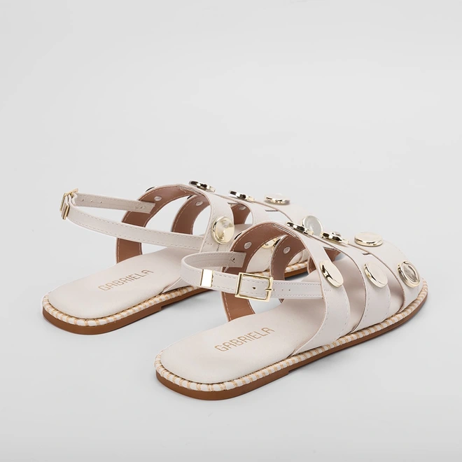 Sandália Rasteira Gabriela Tiras & Esferas Off White