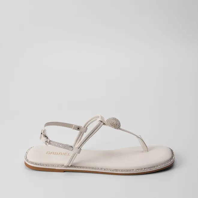 Sandália Rasteira Feminina Gabriela Enfeite Strass Off White