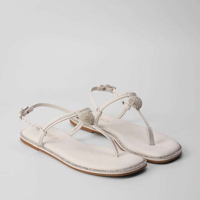 Sandália Rasteira Feminina Gabriela Enfeite Strass Off White
