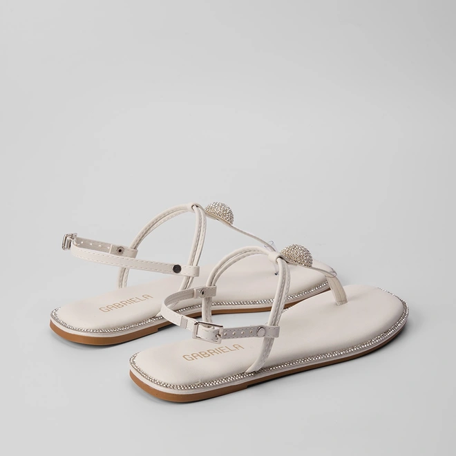 Sandália Rasteira Feminina Gabriela Enfeite Strass Off White