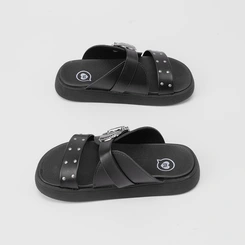 Rasteira Infantil Papete Molekinha Flat Fivela & Rebite Preto