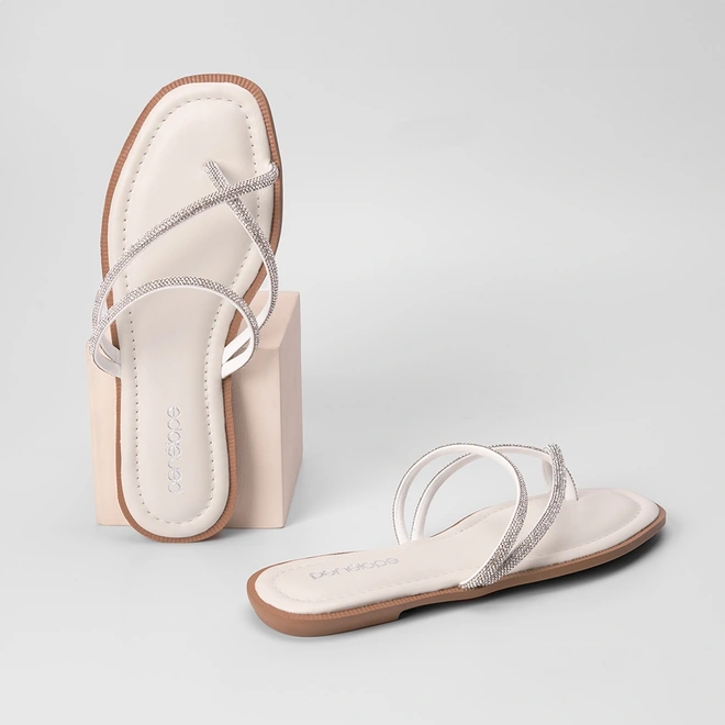 Rasteira Penélope Tiras Cruzadas Strass Off White
