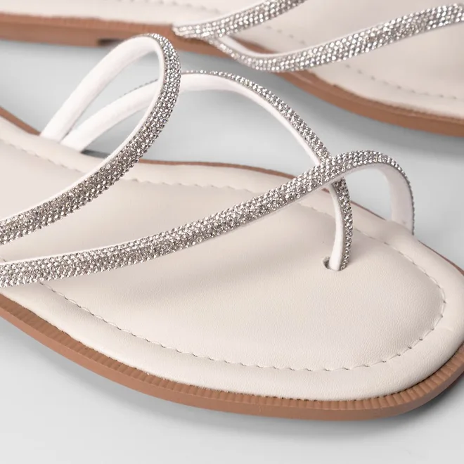 Rasteira Penélope Tiras Cruzadas Strass Off White