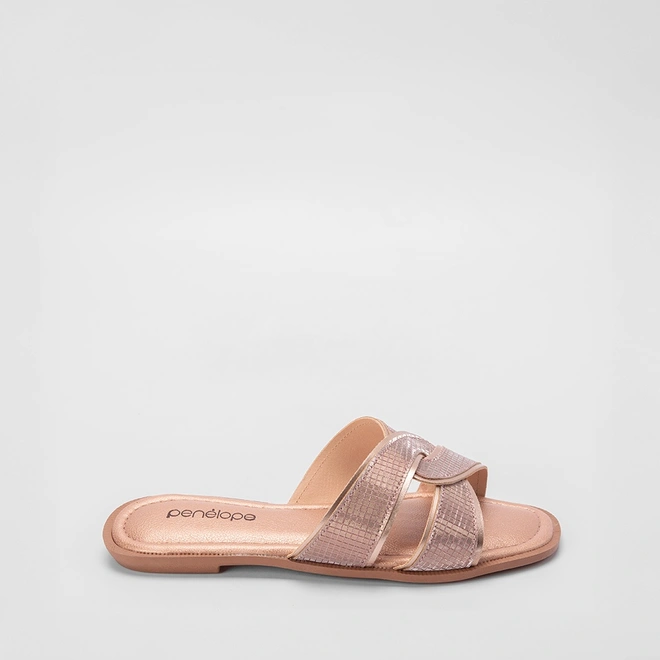 Rasteira Penélope Tira Cruzada Brilho Rose Gold