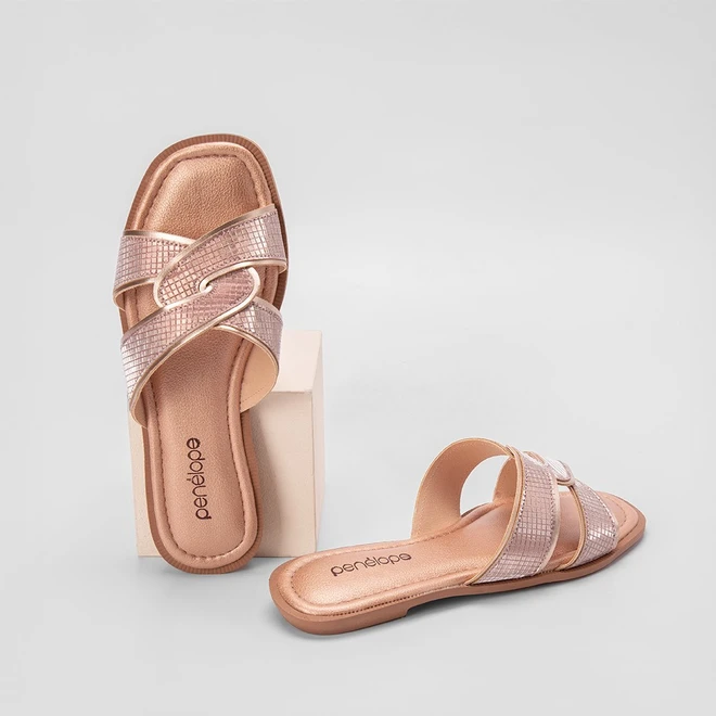 Rasteira Penélope Tira Cruzada Brilho Rose Gold