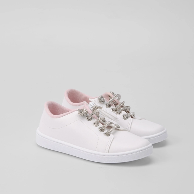 Tênis Infantil Molekinha Casual Zíper Cadarço Strass Branco