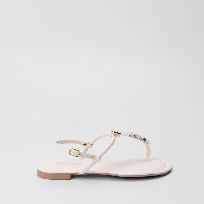 Sandália Rasteira Gabriela Detalhe Pedraria Off White