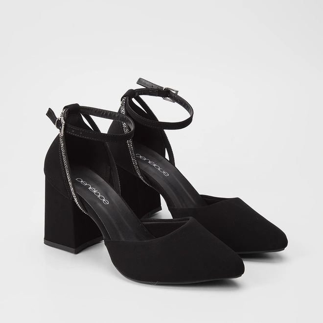 Scarpin Feminino Penélope Tira Strass Nobuck Preto