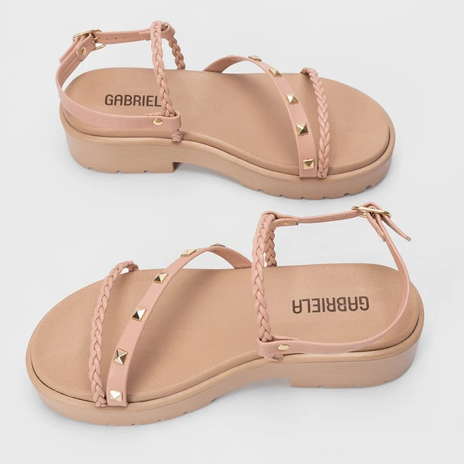 Sandália Gabriela Flatform Tratorada Detalhe Tachas Nude