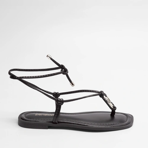 Sandália Rasteira Penélope Tiras Amarração Preto