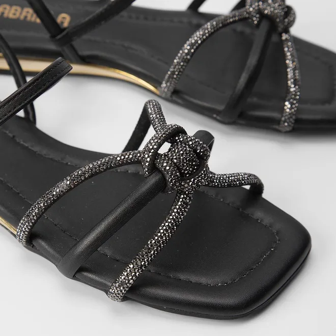 Sandália Rasteira Gabriela Tiras Strass & Nó Preto
