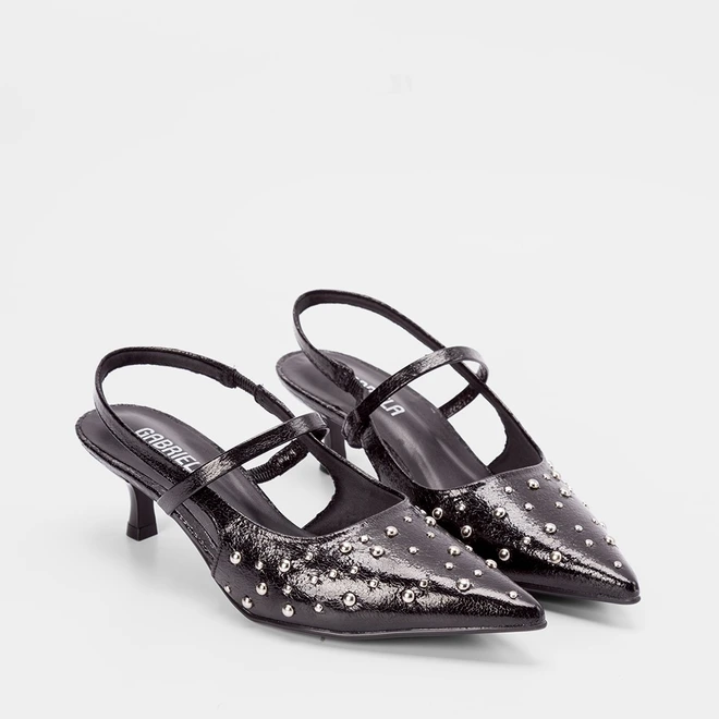 Scarpin Slingback Gabriela Salto Fino Rebite Preto