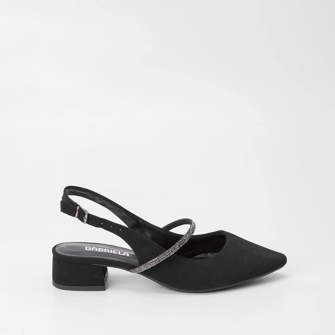 Scarpin Slingback Feminino Gabriela Nobuck Detalhe Tira Strass Preto