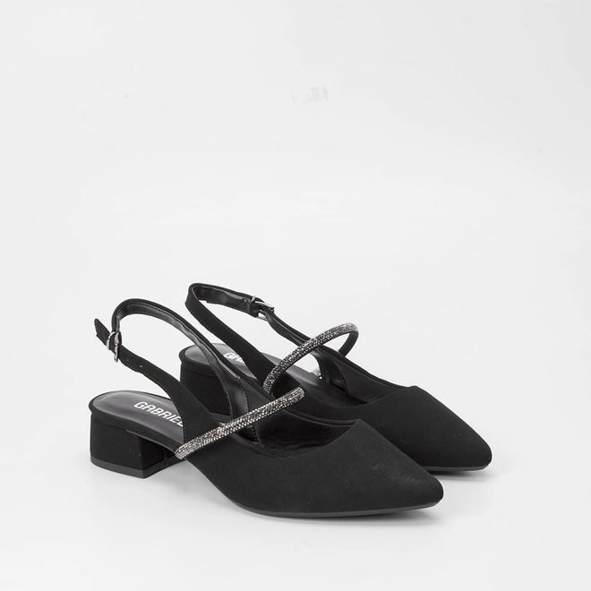 Scarpin Slingback Feminino Gabriela Nobuck Detalhe Tira Strass Preto