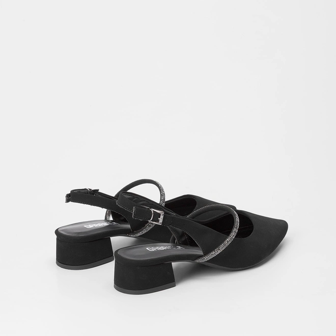 Scarpin Slingback Feminino Gabriela Nobuck Detalhe Tira Strass Preto