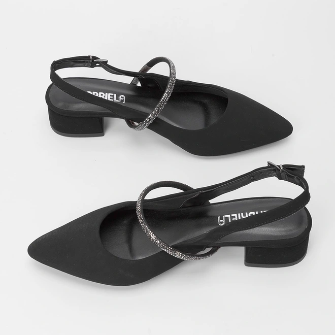 Scarpin Slingback Feminino Gabriela Nobuck Detalhe Tira Strass Preto