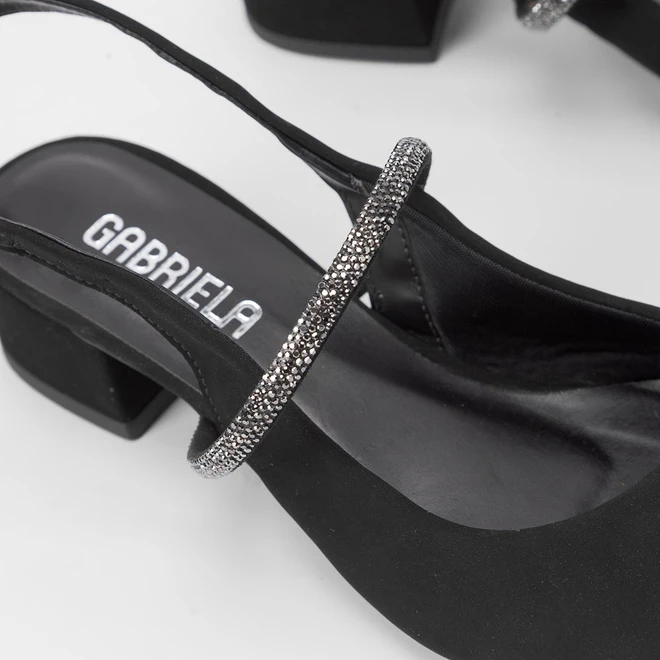 Scarpin Slingback Feminino Gabriela Nobuck Detalhe Tira Strass Preto