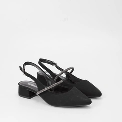 Scarpin Slingback Feminino Gabriela Nobuck Detalhe Tira Strass Preto