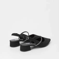 Scarpin Slingback Feminino Gabriela Nobuck Detalhe Tira Strass Preto